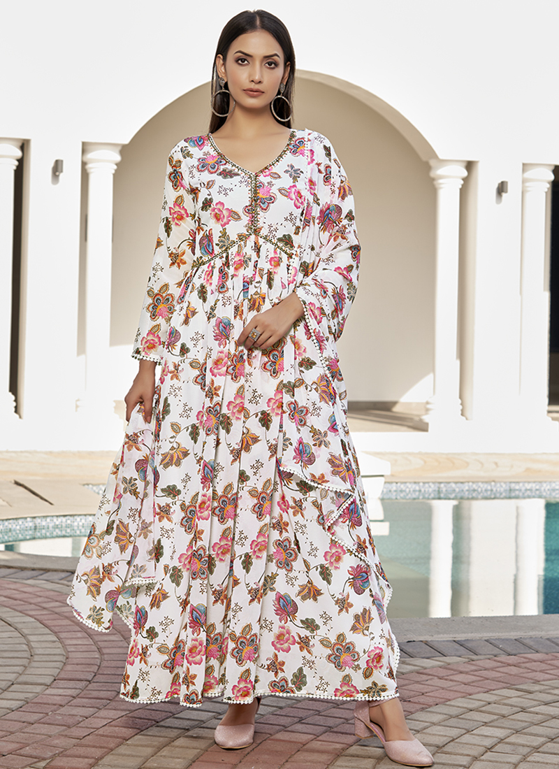Buy White Georgette Flower Printed Festival Wear Readymade Kurti